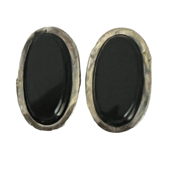 Vintage Taxco 950 Silver Earrings Clip on Black Onyx Large Mexican Modernist - Picture 2 of 7